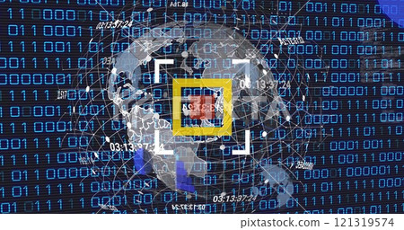 Image of globe and scanner over data processing and binary coding on black background Image of globe and scanner over data processing and binary coding on black background 121319574