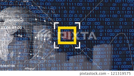 Image of globe and scanner over data processing and binary coding on black background Image of globe and scanner over data processing and binary coding on black background 121319575