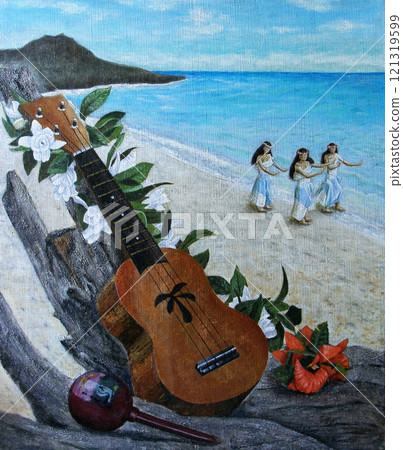 Waikiki Beach Hawaiian Guitar Illustration 121319599