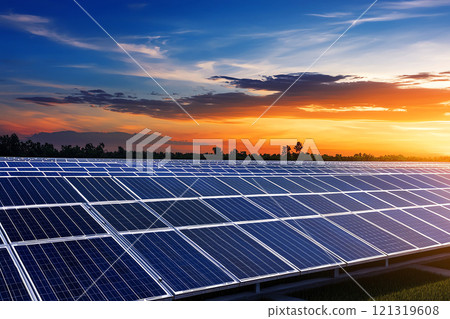 Renewable Energy Market Trends. Solar panels at sunset, showcasing renewable energy and sustainability. vibrant sky enhances beauty of solar farm, symbolizing greener future Renewable Energy Market Trends. Solar panels at sunset, showcasing renewable energy and sustainability. vibrant sky enhances beauty of solar farm, symbolizing greener future 121319608