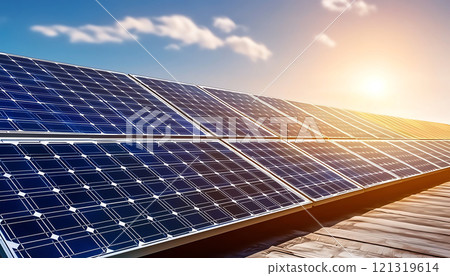 Renewable Energy Market Trends. Solar panels on rooftop capture sunlight, generating renewable energy. scene showcases clear sky and warm sunlight, emphasizing sustainability and innovation 121319614