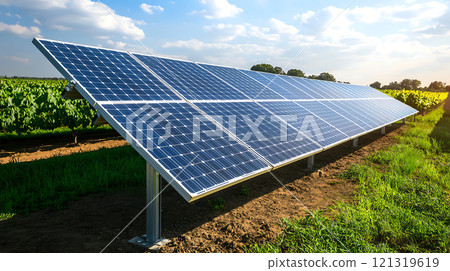 Renewable Energy Market Trends. Solar panels in vineyard under bright sky, showcasing renewable energy. installation highlights sustainability and innovation in agriculture Renewable Energy Market Trends. Solar panels in vineyard under bright sky, showcasing renewable energy. installation highlights sustainability and innovation in agriculture 121319619