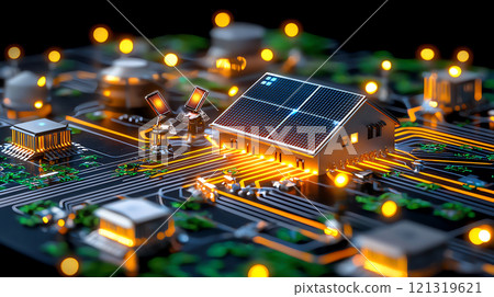 Renewable Energy Market Trends. futuristic house with solar panels sits on circuit board, symbolizing renewable energy and technology integration. glowing elements enhance modern aesthetic Renewable Energy Market Trends. futuristic house with solar panels sits on circuit board, symbolizing renewable energy and technology integration. glowing elements enhance modern aesthetic 121319621