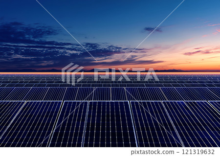 Renewable Energy Market Trends. vast solar panel field under stunning sunset sky, showcasing renewable energy. landscape features rows of solar panels reflecting vibrant colors of dusk 121319632
