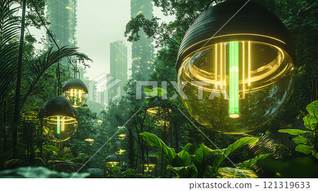 Renewable Energy Market Trends. futuristic forest scene featuring glowing orbs suspended among lush greenery, showcasing blend of nature and technology. atmosphere is serene and enchanting, inviting 121319633