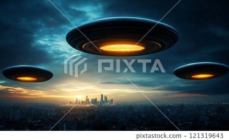 Renewable Energy Market Trends. Mysterious UFOs hover over futuristic city skyline at sunset, creating intriguing atmosphere. glowing lights and dark clouds enhance sense of wonder and curiosity 121319643