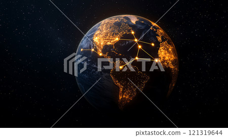 Renewable Energy Market Trends. stunning view of Earth from space, showcasing illuminated cities and network connections across continents, symbolizing global connectivity and technology 121319644