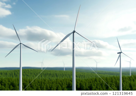 Renewable Energy Market Trends. Wind turbines in green landscape under bright sky, symbolizing renewable energy and sustainability 121319645