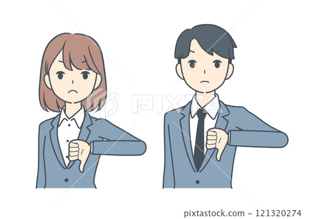 Businessman and businesswoman showing thumbs down in denial Businessman and businesswoman showing thumbs down in denial 121320274