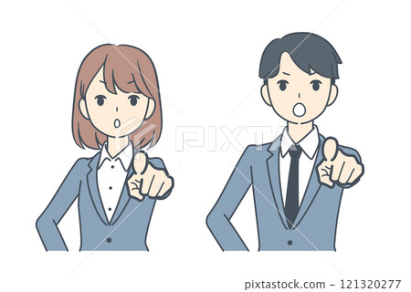 A businessman and a businesswoman pointing forward with serious expressions 121320277