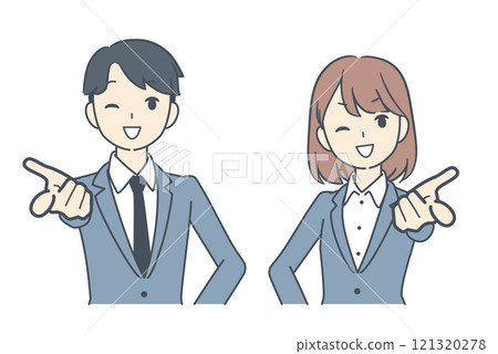 Smiling businessman and businesswoman pointing forward 121320278