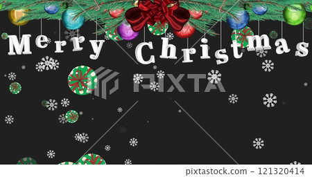 Image of merry christmas text, snow falling over christmas decorations 121320414