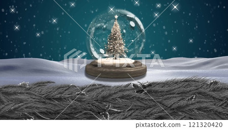 Image of snow falling over christmas snow globe and winter scenery Image of snow falling over christmas snow globe and winter scenery 121320420