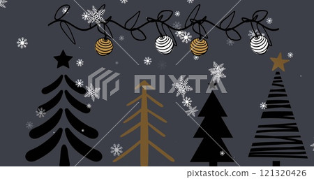 Image of snow falling over christmas decorations and winter scenery Image of snow falling over christmas decorations and winter scenery 121320426