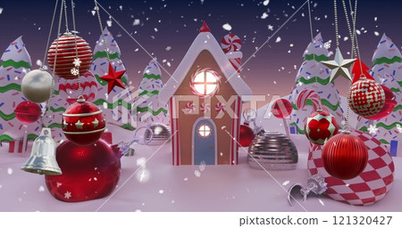 Image of snow falling over christmas decorations baubles and winter scenery Image of snow falling over christmas decorations baubles and winter scenery 121320427