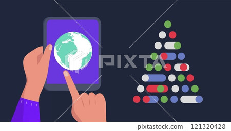 Image of christmas tree and tablet with globe on black background Image of christmas tree and tablet with globe on black background 121320428