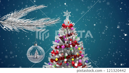 A beautifully decorated Christmas tree stands indoors 121320442