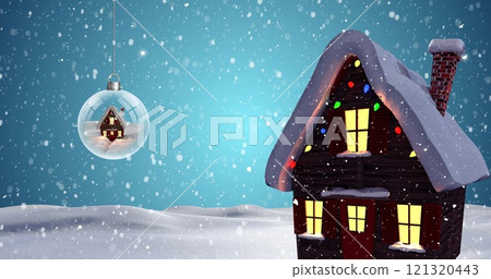 Image of snow falling over christmas snow globe and winter scenery Image of snow falling over christmas snow globe and winter scenery 121320443