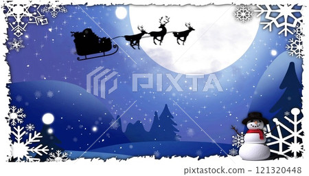 Image of snow falling over santa claus in sleigh in winter scenery Image of snow falling over santa claus in sleigh in winter scenery 121320448
