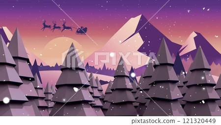 Image of snow falling over santa claus in sleigh and winter scenery Image of snow falling over santa claus in sleigh and winter scenery 121320449