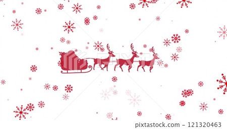 Image of snow falling over santa claus in sleigh in winter scenery 121320463