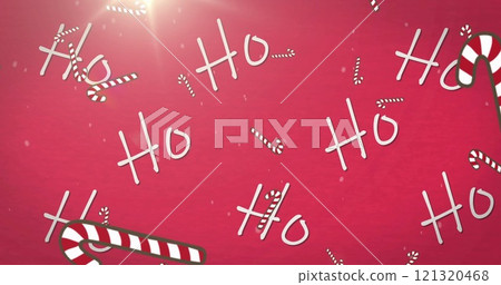 Image of ho text over snow falling and candy canes on red background 121320468