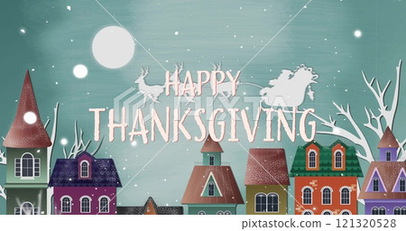 Image of happy thanksgiving text over santa claus in sleigh in winter scenery 121320528