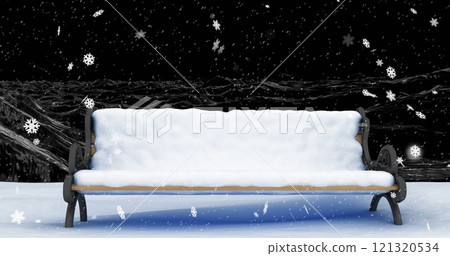Image of snow falling over christmas bench in snow in winter scenery 121320534