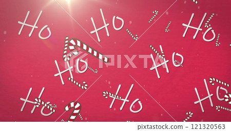 Image of ho text over snow falling and candy canes on red background 121320563
