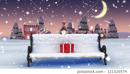 Image of snow falling over bench with christmas gift in winter scenery 121320574