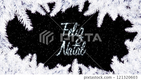 Image of feliz navidad text over fir tree branches in winter scenery 121320603