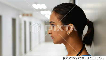 Portrait of female doctor standing in corridor in hospital 121320739