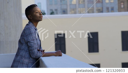 Thoughtful businesswoman standing in balcony at office 4k Thoughtful businesswoman standing in balcony at office 4k 121320933
