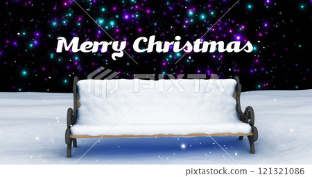 Image of merry christmas text and bench in snow background 121321086