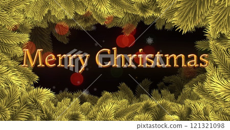 Image of merry christmas text and christmas fir tree branches on black background Image of merry christmas text and christmas fir tree branches on black background 121321098