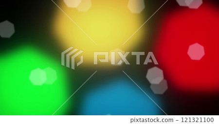 Image of spots falling over multi coloured spots on black background 121321100