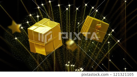 Image of christmas decorations with fireworks on black background 121321105