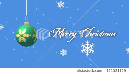 Image of merry christmas text over and christmas bauble on blue background 121321129