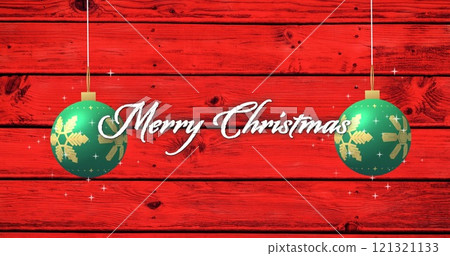 Image of merry christmas text over and christmas baubles on red background 121321133