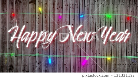 Image of new year text over fairy lights on wooden background 121321152