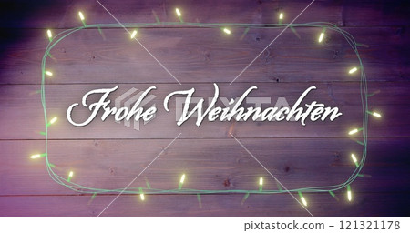 Image of frohe weihnachten text over dairy lights on wooden background Image of frohe weihnachten text over dairy lights on wooden background 121321178