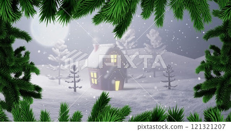 A cozy winter home nestled in snow, framed by pine branches A cozy winter home nestled in snow, framed by pine branches 121321207