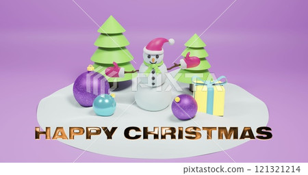Image of happy christmas text and christmas decorations on purple background 121321214