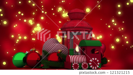 Image of christmas decoration on red background with yellow light 121321215