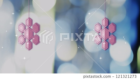 Image of pink snowflakes christmas baubles and snow falling on blue background Image of pink snowflakes christmas baubles and snow falling on blue background 121321273