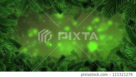 Image of christmas fir tree branches and snow falling on green background 121321276