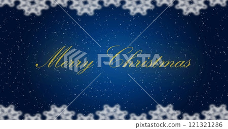 Image of merry christmas text over snow falling background 121321286