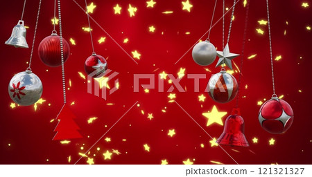 Image of christmas baubles and stars falling on red background Image of christmas baubles and stars falling on red background 121321327