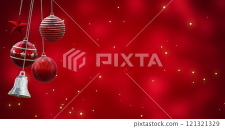 Image of baubles and spots of light falling on red background 121321329