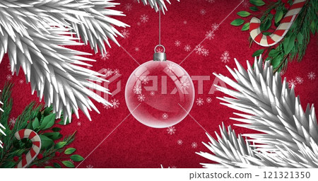 Image of schristmas bauble and fir tree branches on red background 121321350
